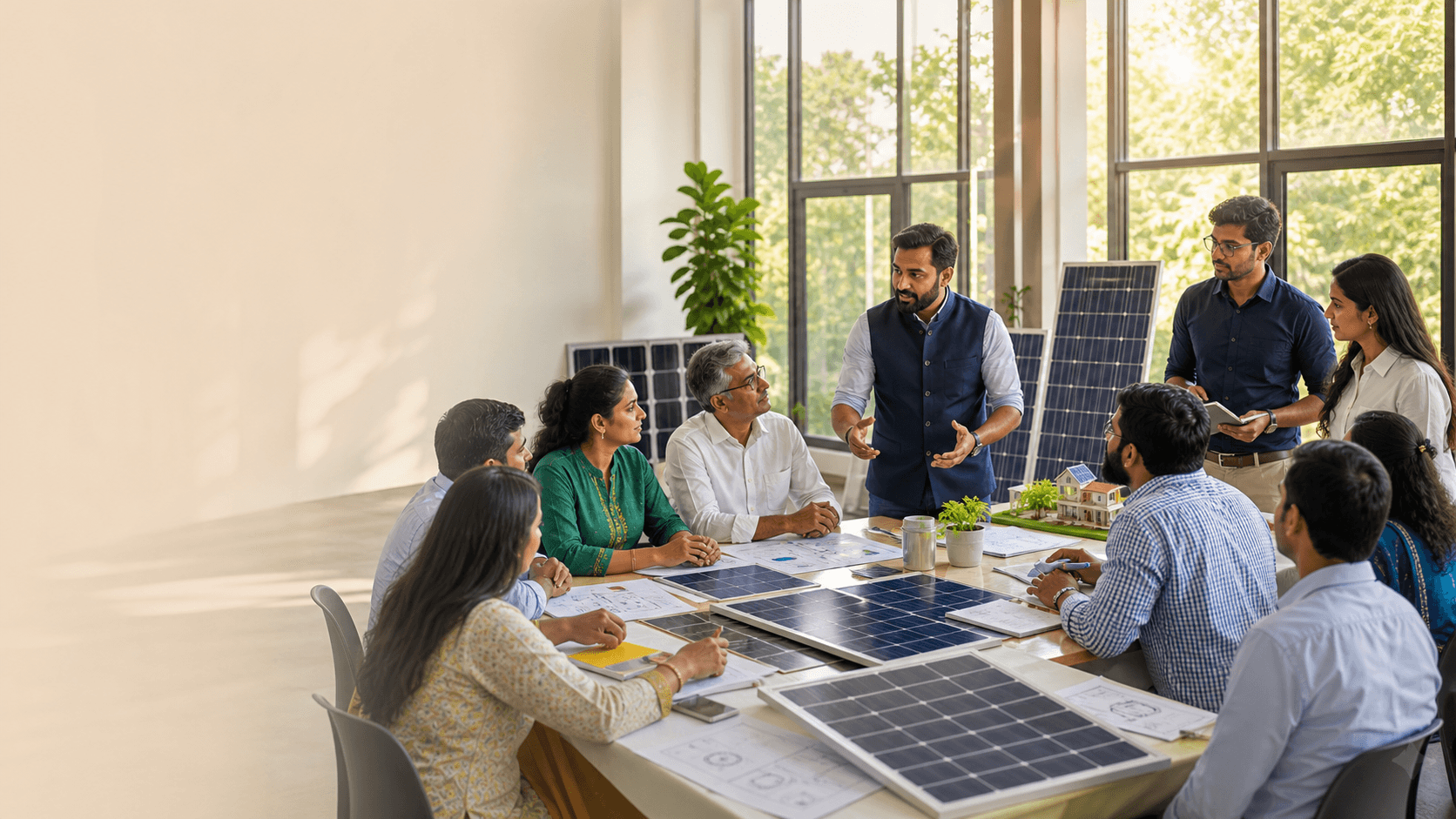 Solar panel association members collaborating in a workshop